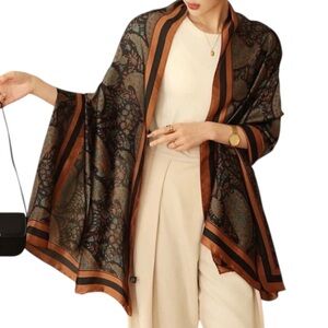 New Satin Silky Feel Elegant Paisley Print Shawl Kimono Chocolate Brown